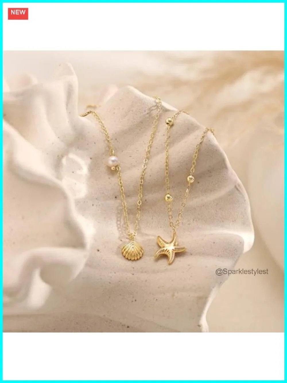 14K Gold Plated Layered Seashell Starfish Pearl Necklace